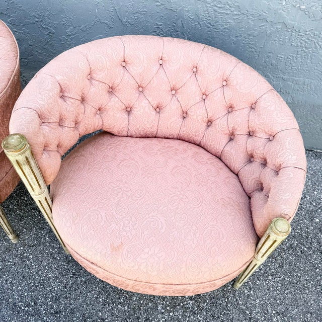 Vintage French-Style Tufted Pink Barrel Accent Chairs - A Pair For Sale - Image 10 of 11