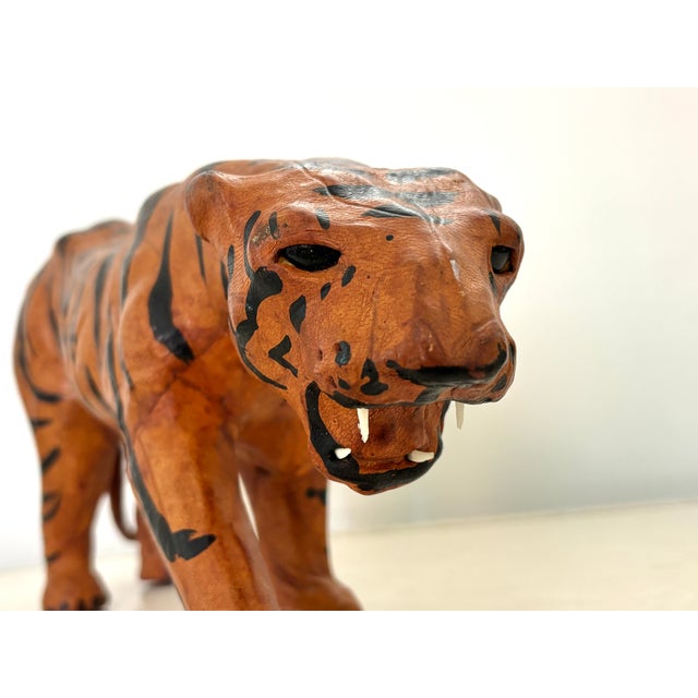 Figurative Vintage Leather Sculpted Tiger Table Top Statue Figure - Made in India For Sale - Image 3 of 8