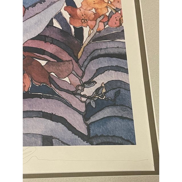 Printmaking Materials Etienne Velvety Blue Peach Watercolor Lithograph “Tropical Fusion” #23/350 Signed Framed For Sale - Image 7 of 12