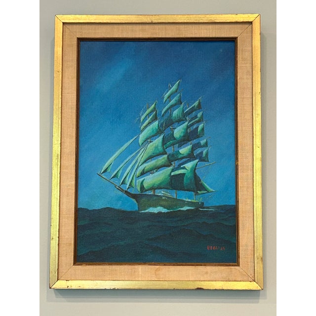 Nautical Vintage 1974 Nautical Folk Art Oil Painting on Canvas Board, Signed Beal | Tall Ship Maritime Seascape For Sale - Image 3 of 8