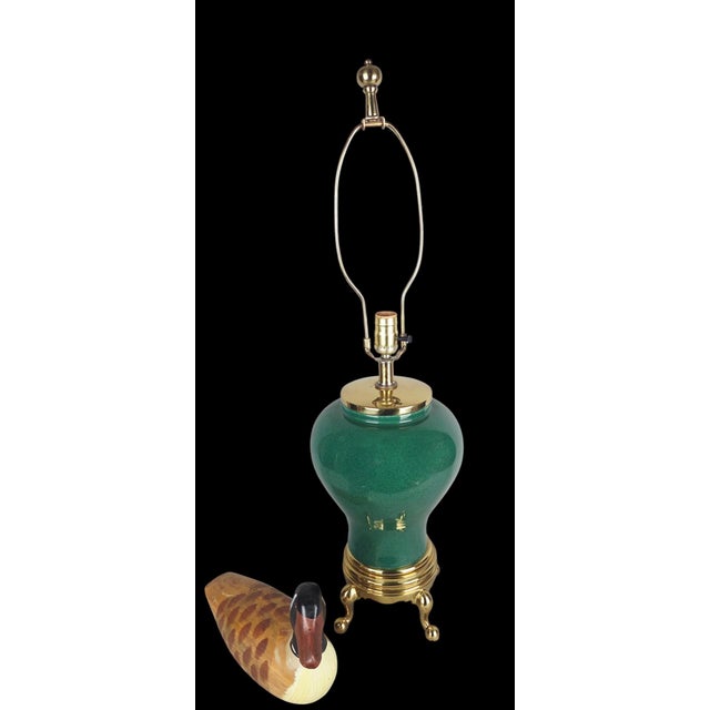 1980s Style Hollywood Regency Emerald Green Ceramic Table Lamp on Brass Ball-and-Claw Base For Sale - Image 14 of 18