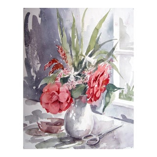 Vintage Red Roses Floral Still Life Watercolor Painting For Sale