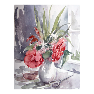 Vintage Red Roses Floral Still Life Watercolor Painting