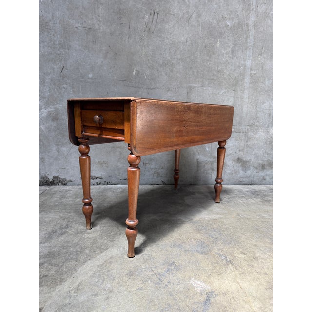 American Antique American Drop Leaf Table One Drawer Turned Legs 19th C Mahogany For Sale - Image 3 of 13