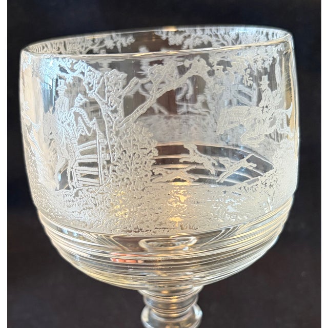 Cambridge Glass Company 1930s Cambridge Imperial Fox Hunt Scene Glass Goblets Tally Ho Hay Day - Set of 9 For Sale - Image 4 of 15