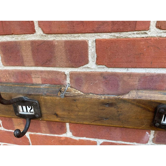 Rustic Antique English Yellow Pine Cast Iron Wooden Coat Rail 1890s For Sale - Image 3 of 8