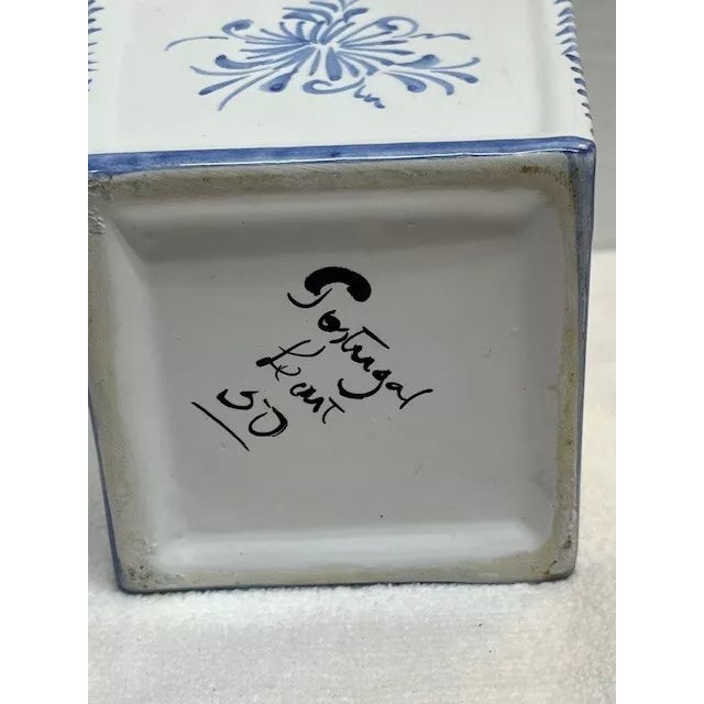 Mid-Century Modern Vintage Portugal Blue & White Flower Frog Vase For Sale - Image 3 of 5