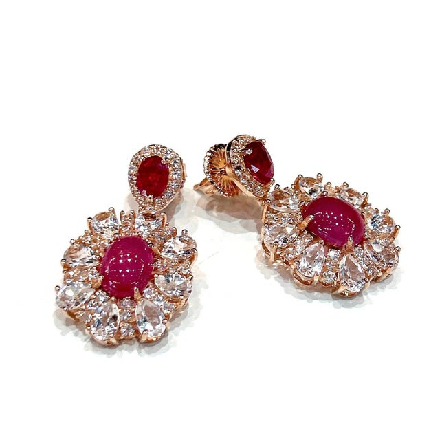 Bochic “Orient” Retro Ruby & White Topaz Earrings Set In 18K Gold & Silver, 2 pieces For Sale In New York - Image 6 of 9