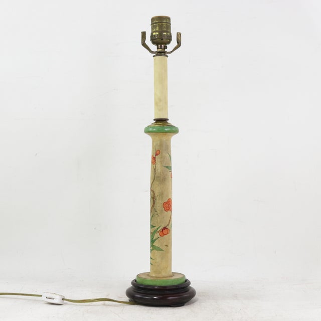 Vintage Hand-Painted Candlestick Lamp With Chinoiserie Floral and Bamboo Motif For Sale - Image 11 of 11