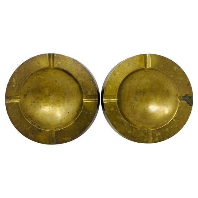Pair of Vintage 1950s Italian Solid Brass Ashtrays, Heavy Cast 12oz Mid Century Modern Catchall Dishes, Original Patina Hollywood Regency For Sale - Image 16 of 16