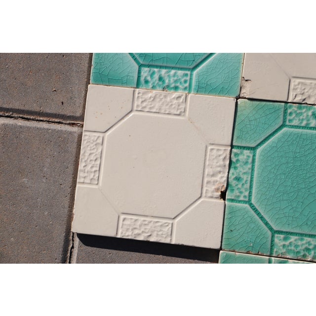 Art Deco Set of Seven Large Portuguese Glazed Tiles Mint Green & White Geometric Design c.1910s For Sale - Image 6 of 13