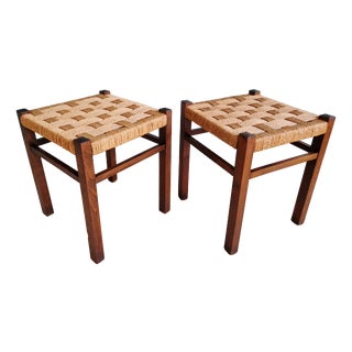 Mid-Century Modern Stools in Beech and Braided Rope, 1950s, Set of 2 For Sale