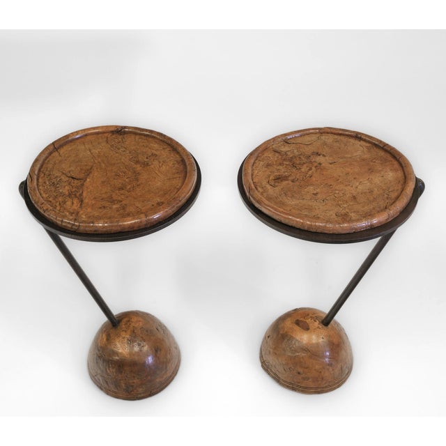A superb pair of burr oak and steel side tables made by designer and sculptor Philip Hearsey. Known as the 'pudding bowl'...