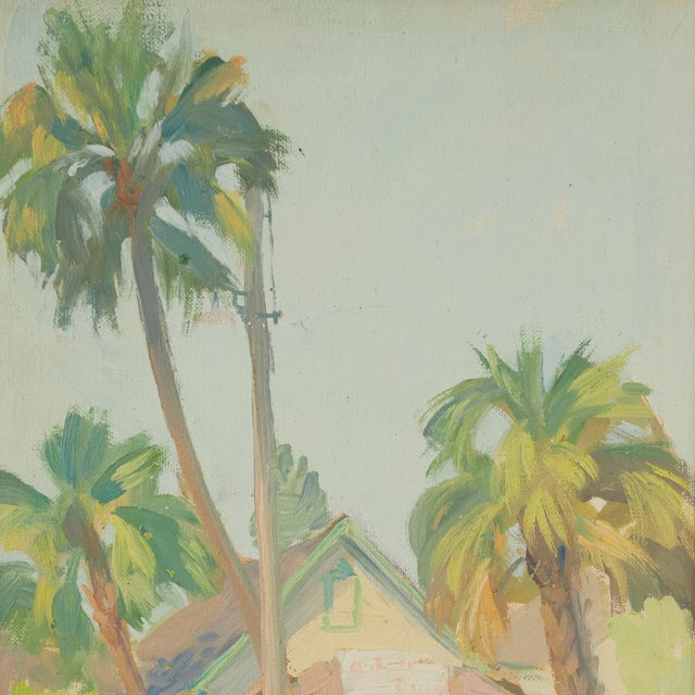 Transporting tropical oil painting on board of palm trees and a house on a sunny day in Key West, executed in an...
