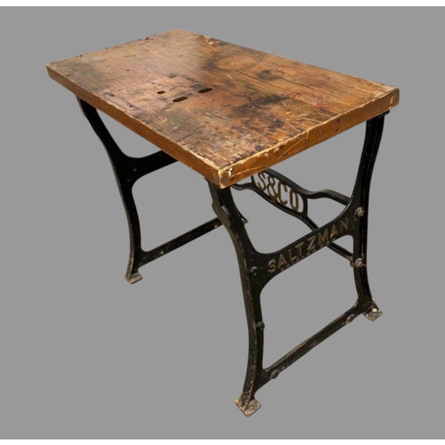 Metal Vintage Antique Industrial Saltzman Chicago Cast Iron Table With Wooden Top For Sale - Image 7 of 9