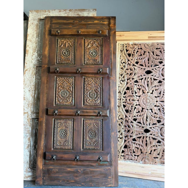Antique Indian Carved Wood Door With Brass Studs – Rustic Hinged or Sliding Barn Door 96 For Sale - Image 4 of 8