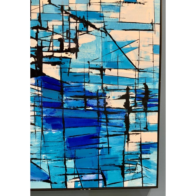 Stylish Abstract Modern Blue “In Dreams” Painting by Teng Fei, acrylic on canvas, black floater frame, showroom floor sample