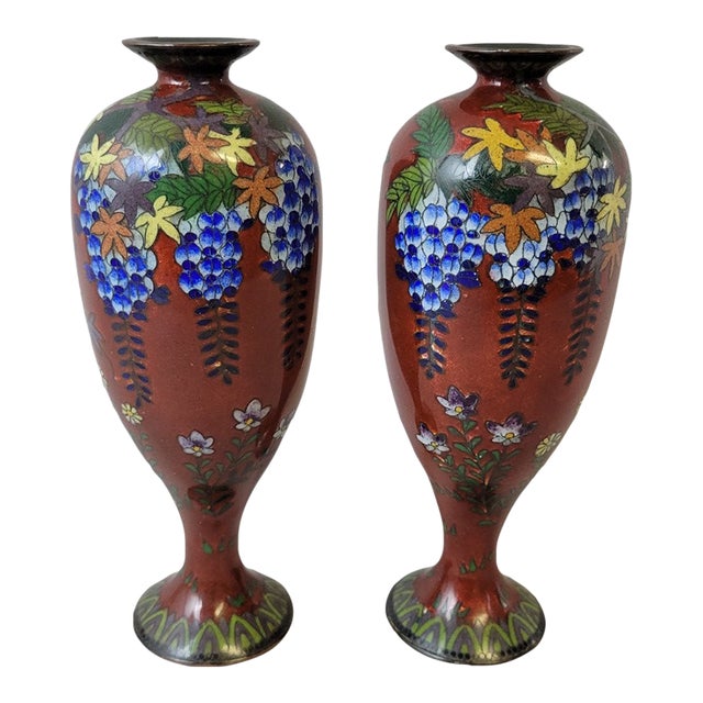 Pair of Japanese Ginbari Cloisonné Vases With Wisteria & Floral Motifs For Sale