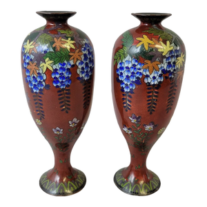 Pair of Japanese Ginbari Cloisonné Vases With Wisteria & Floral Motifs