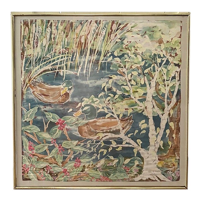 Large Mid Century Printed Silk Wall Hanging of Mallard Ducks in a Pond, Framed, Signed For Sale