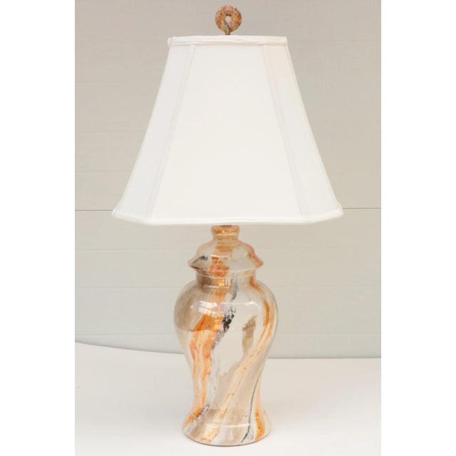 These complete vintage table lamps feature a mottled, faux marble finish with an iridescent glaze in neutral cream mingled...