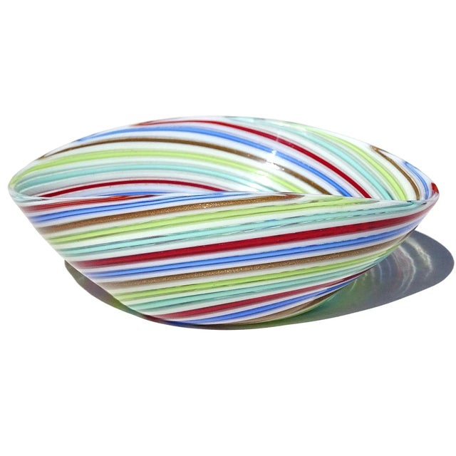 Murano Vintage Murano Dino Martens Red Blue White Copper Aventurine Swirl Italian Art Glass Ribbons Dish Bowl For Sale - Image 4 of 11