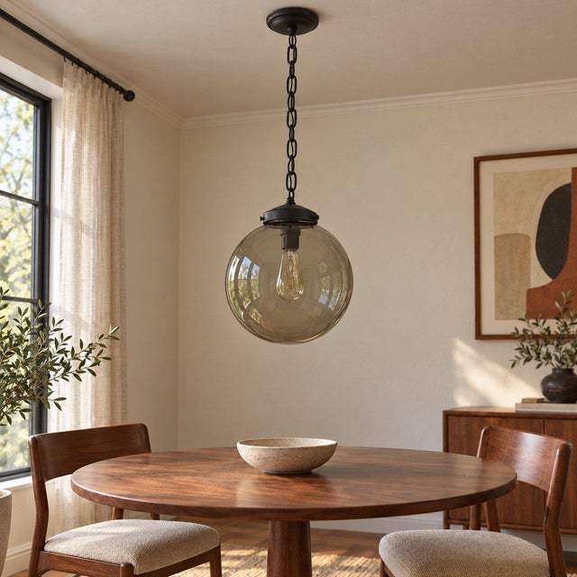 1970s Mid Century Modern Smoked Glass Globe Pendant Light, Black Metal, Ceiling Fixture For Sale - Image 12 of 13