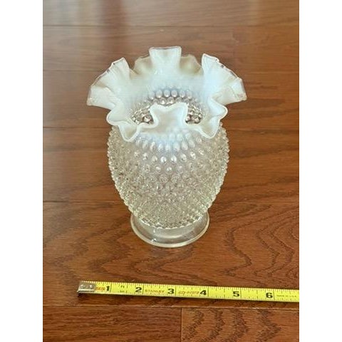 1960s Vintage Fenton Art Glass 6" Tall Opalescent Hobnail Vase Ruffled Top Circa 1960's For Sale - Image 5 of 12