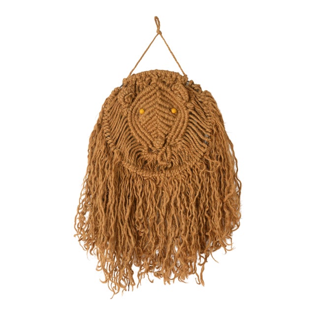 Vintage 1970s Boho Lion Head Jute Macrame Wall Hanging For Sale