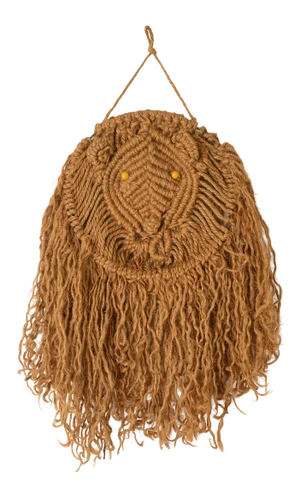 Vintage 1970s Boho Lion Head Jute Macrame Wall Hanging