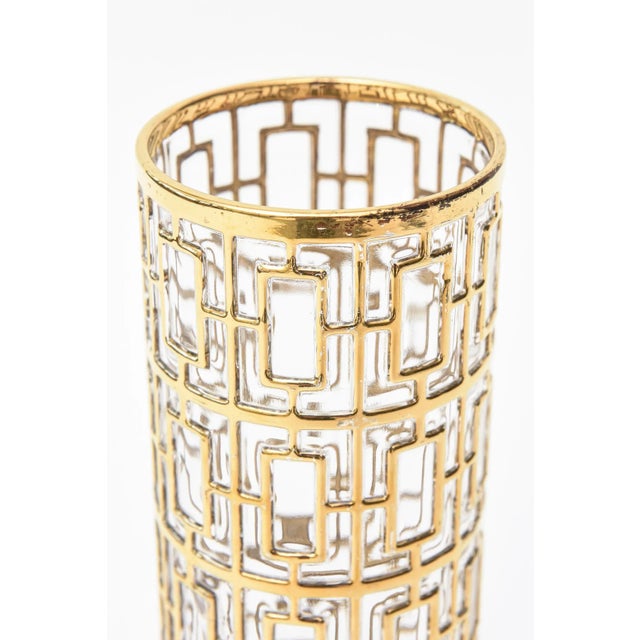 Metal Vintage Imperial Glass 22 Carat Gold Plated Greek Key Overlay Over Vase or Martini Shaker 60's Signed For Sale - Image 7 of 13