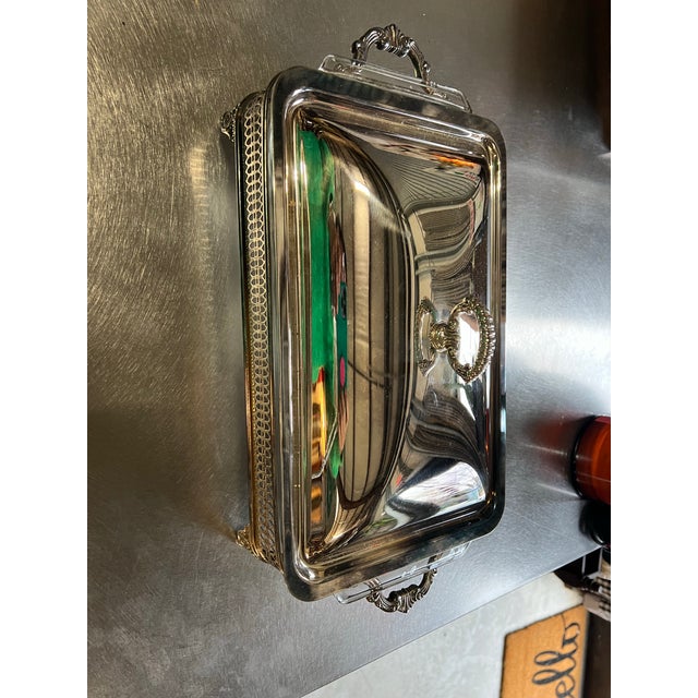 Vintage Silver Metal Footed Serving Dish With Lid and Glass Inlay For Sale - Image 12 of 12