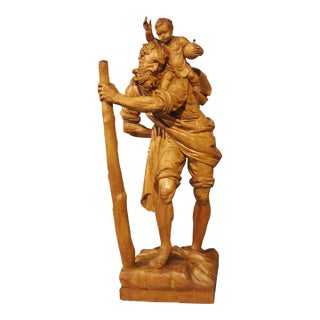 4 1/2 Feet Tall Solid Limewood Statue of St. Christopher, Germany, Circa 1930 For Sale