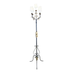Vintage Late 20th Century French Gothic Revival Scrolled Iron Torchiere Candelabra Floor Lamp