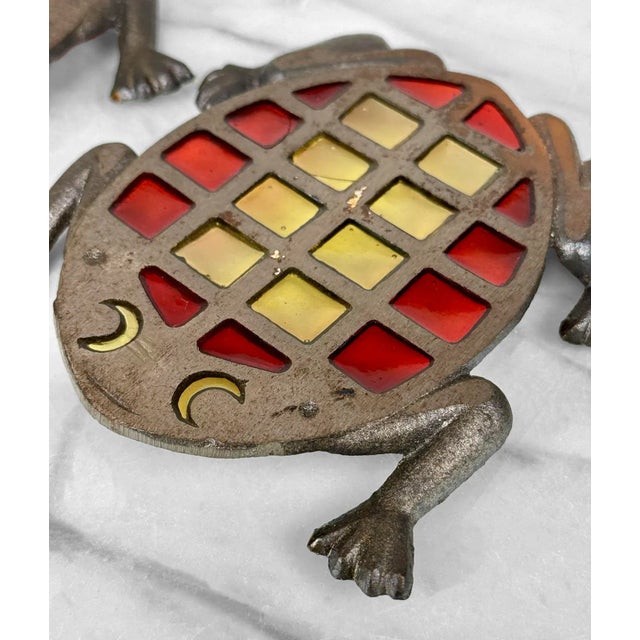 Gray Vintage Stained Glass Cast Iron Frog Barware Drink Coaster Trivet - a Pair For Sale - Image 8 of 10
