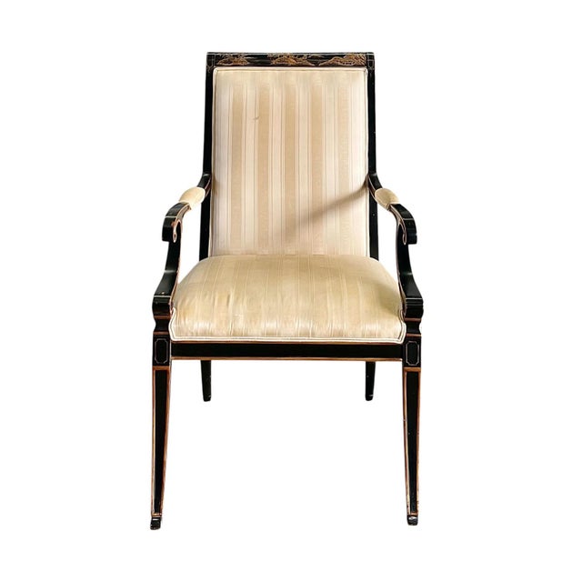 Karges Furniture Vintage Regency Style Chinoiserie “Royal Pavilion” Dining Arm Chairs in Black Lacquer by Karges - Set of 4 For Sale - Image 4 of 10