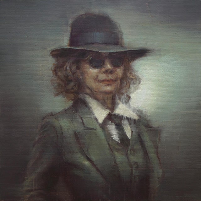 Polly by Nicolas Martin | Oil on Panel Portrait of a woman in a hat and sunglasses For Sale