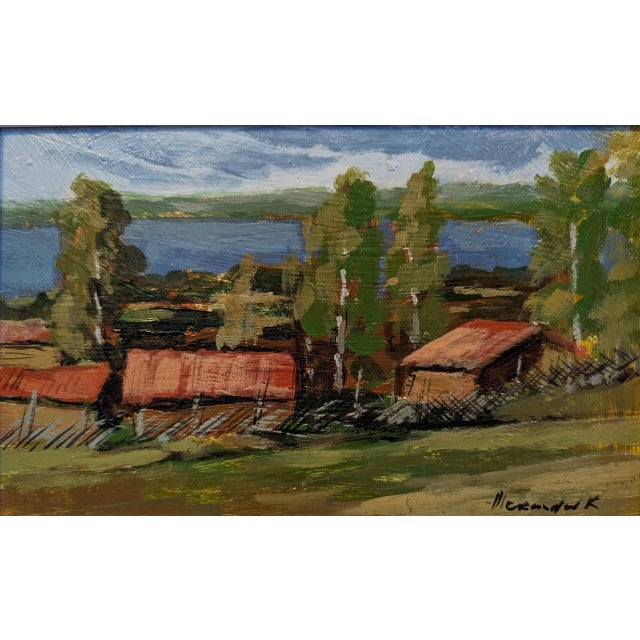 Mid-Century Modern Swedish "Red Houses in Nature" Vintage Expressive Landscape Oil Painting, Framed For Sale - Image 12 of 12