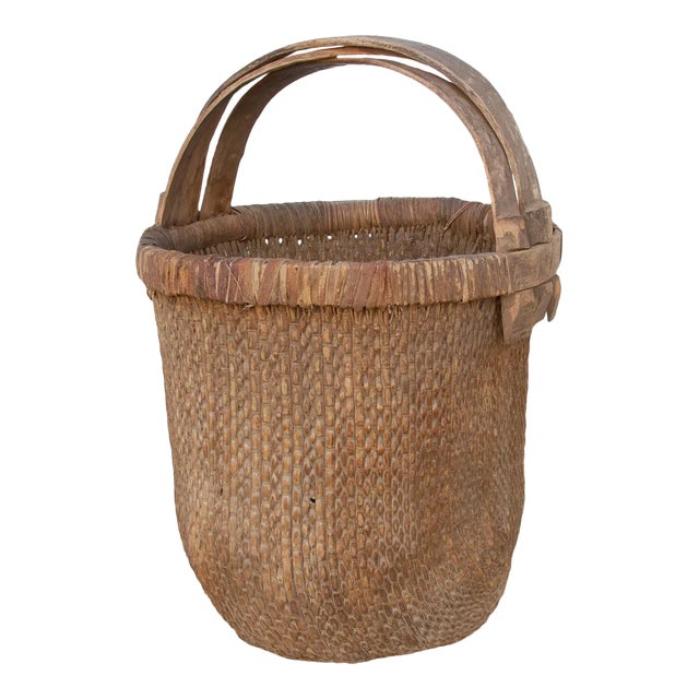 Antique Reed & Bamboo Rustic Basket For Sale