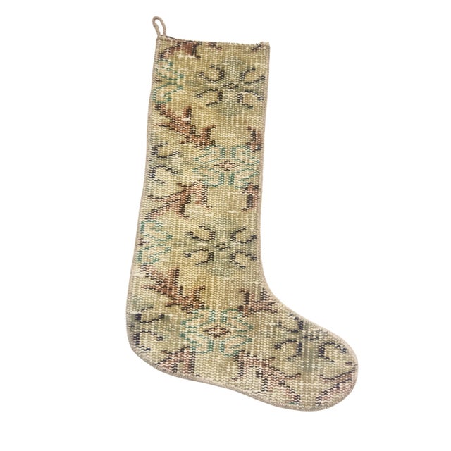 Vintage Kilim Christmas Stocking, Sage Green Handwoven Wool Boho Xmas Decor, One of a Kind Turkish Rug Stocking, Rustic Holiday Gift For Sale - Image 6 of 7