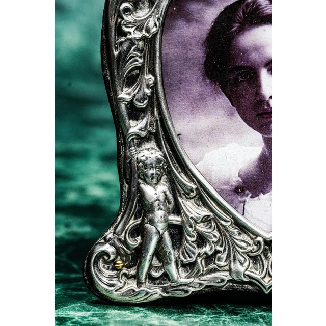 Lovely Small Ornate Cherub Heart Shape Antique Victorian Sterling Silver Picture Photo Frame Home Decor For Sale - Image 4 of 9