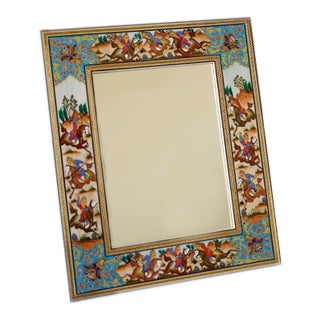Hand-Painted Polo Scene Mirror, Turquoise Persian Miniature Style Frame For Sale