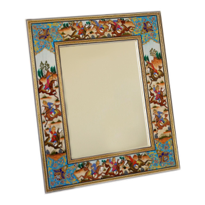 Hand-Painted Polo Scene Mirror, Turquoise Persian Miniature Style Frame