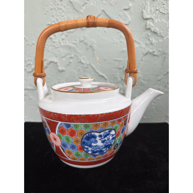 Japonisme Vintage Style After Otagiri Japan Porcelain Teapot With Bamboo Handle – Imari Revival Mosaic Design For Sale - Image 3 of 9