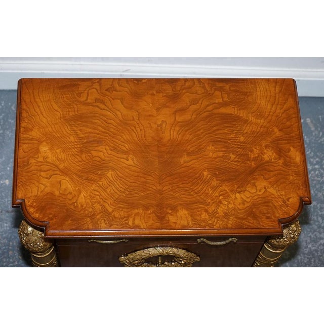 French Empire Style Gold Detailed Burr Walnut Bedsides Nightstands, Set of 2 For Sale - Image 6 of 12
