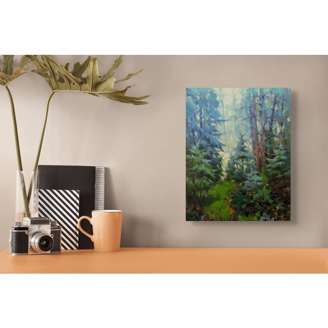 In "Iteration," a serene forest scene unfolds, showcasing a harmonious blend of vibrant greens and soft blues. Light...