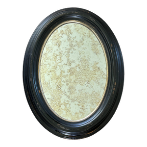 Vintage Italian Handcrafted Mirror - Oval Wall Mirror With Distressed Black Wood, Gold Trim & Spec