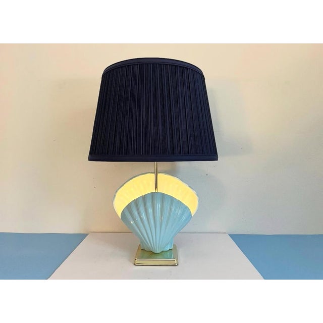 Sky Blue Ceramic Shell Lamp & Shade, C1970 For Sale - Image 6 of 12