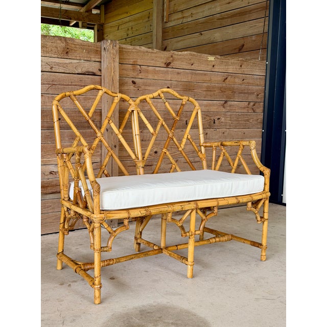 Vintage Rattan Chippendale Fretwork Settee Bench With New Sunbrella Cushion For Sale - Image 9 of 12