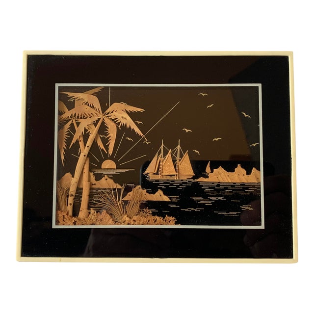 Ocean View Tropical Scene With Masted Ship Done in Cork Within a Celluloid Faux Ivory Frame For Sale